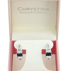 Chrystina Fine Silver Plated White & Black Crystal Hoop Earrings